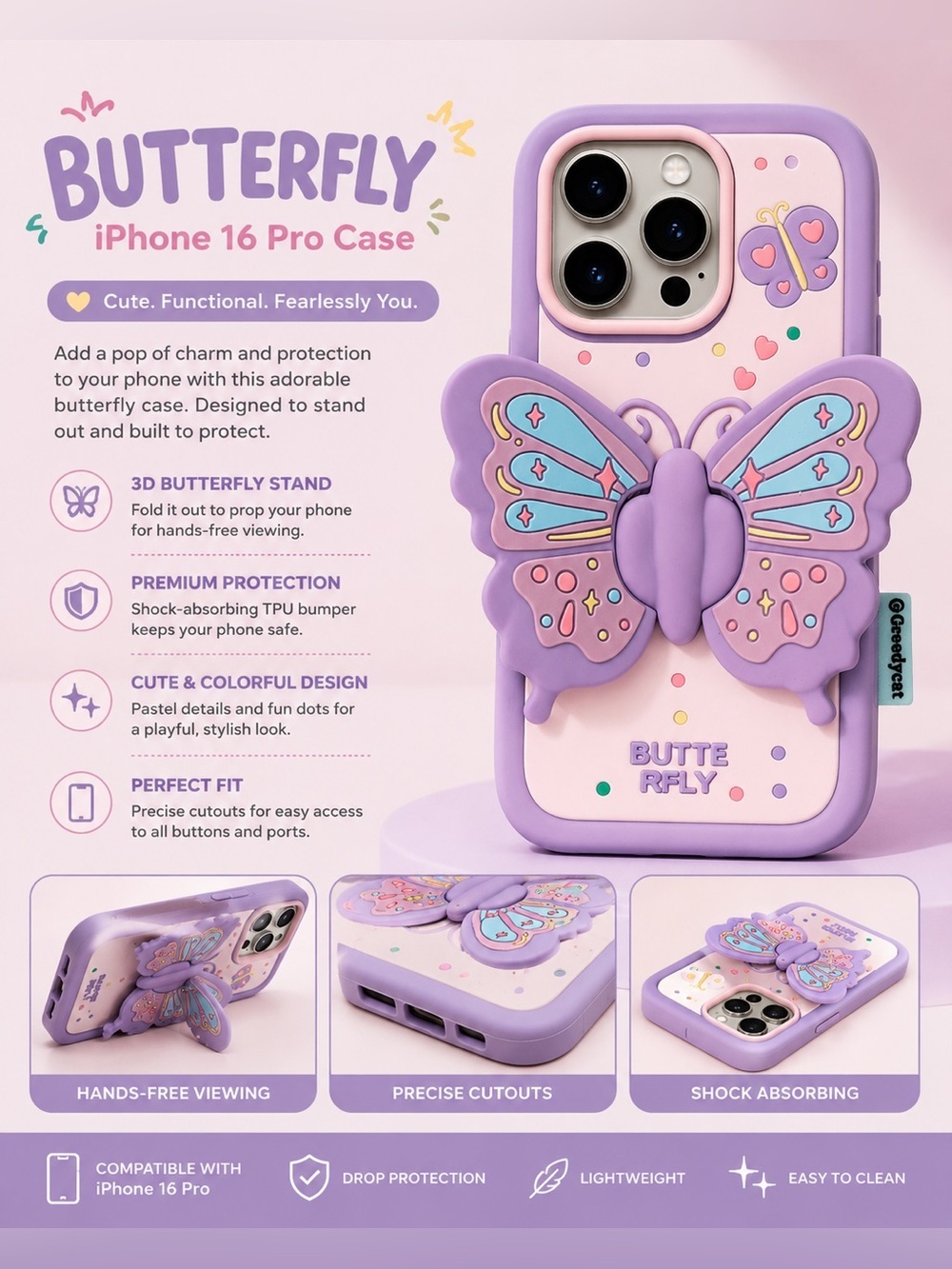 Butterfly 3D Stand iPhone 16 Pro Case - Purple & Pastel Pink